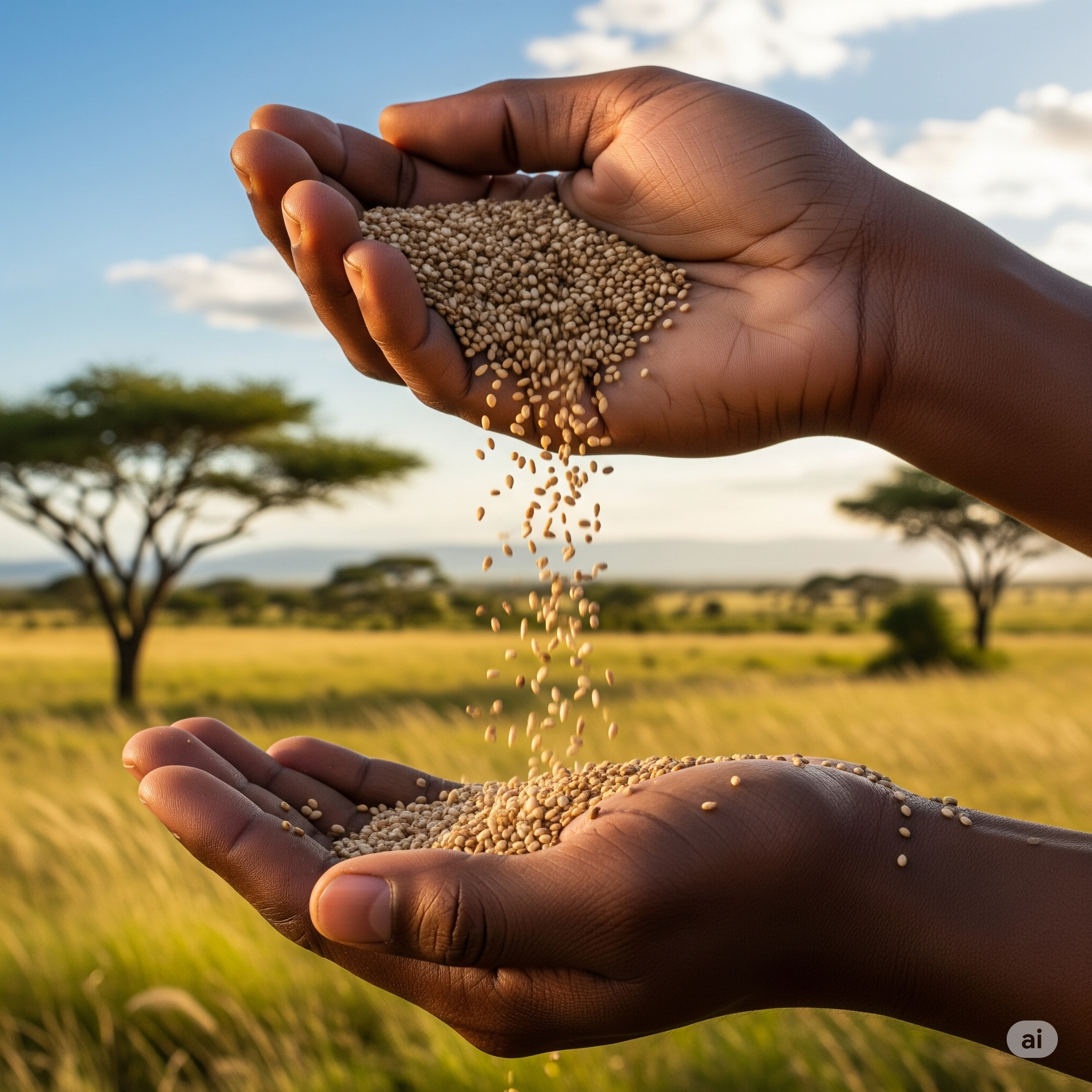Sesame seeds pouring from one hand to another in a field